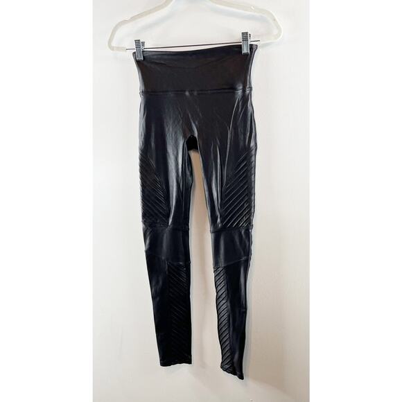 SPANX Shiny Faux Leather Slim Fit Pull On Mid Rise Moto Leggings Black Small - Picture 11 of 14